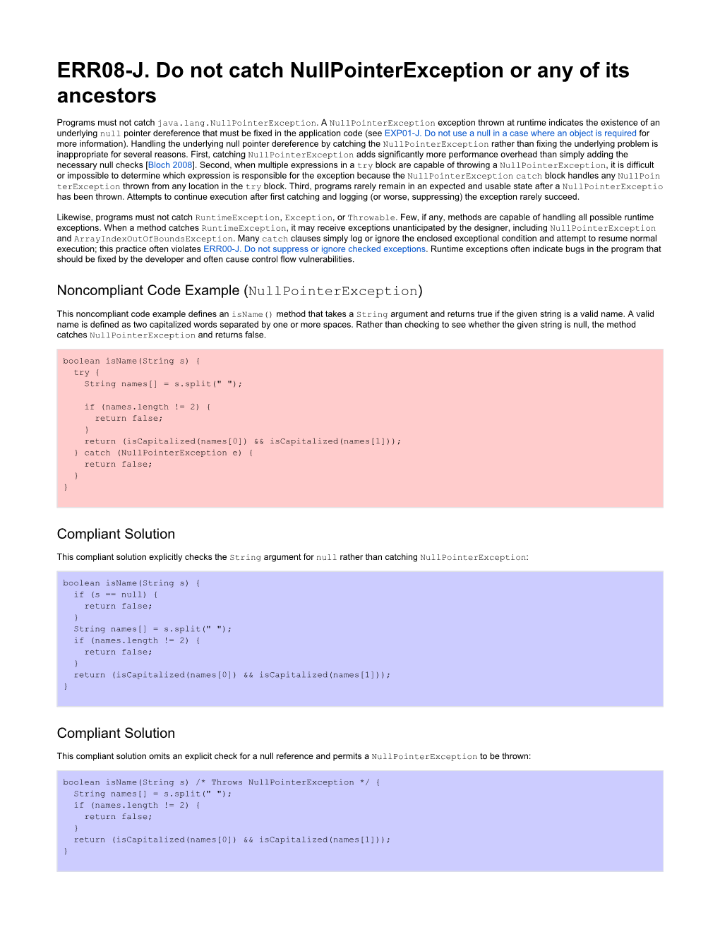 ERR08-J. Do Not Catch Nullpointerexception Or Any of Its Ancestors