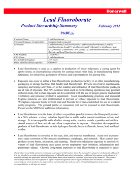 Lead Fluoroborate Product Stewardship Summary February 2012