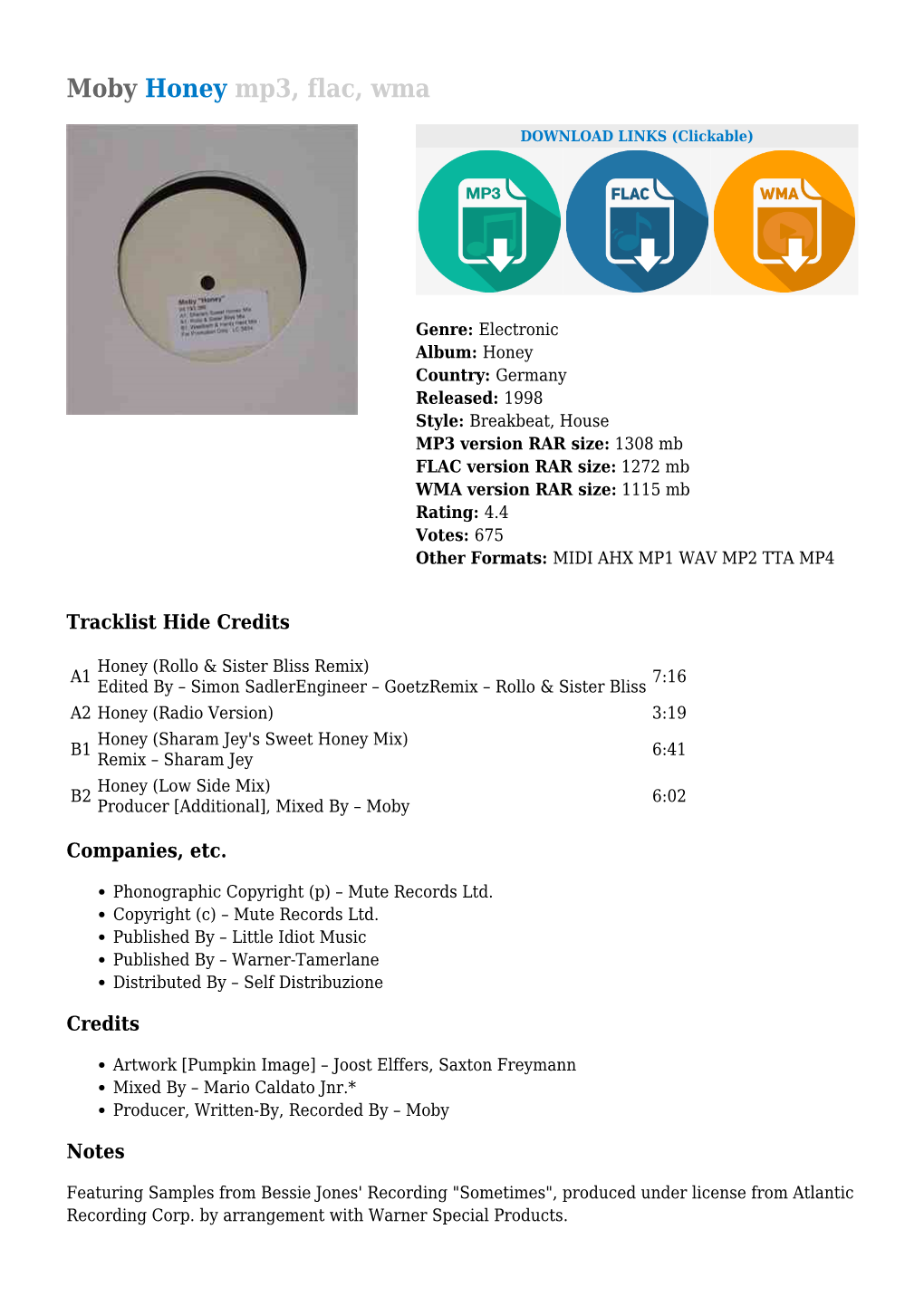 Moby Honey Mp3, Flac, Wma