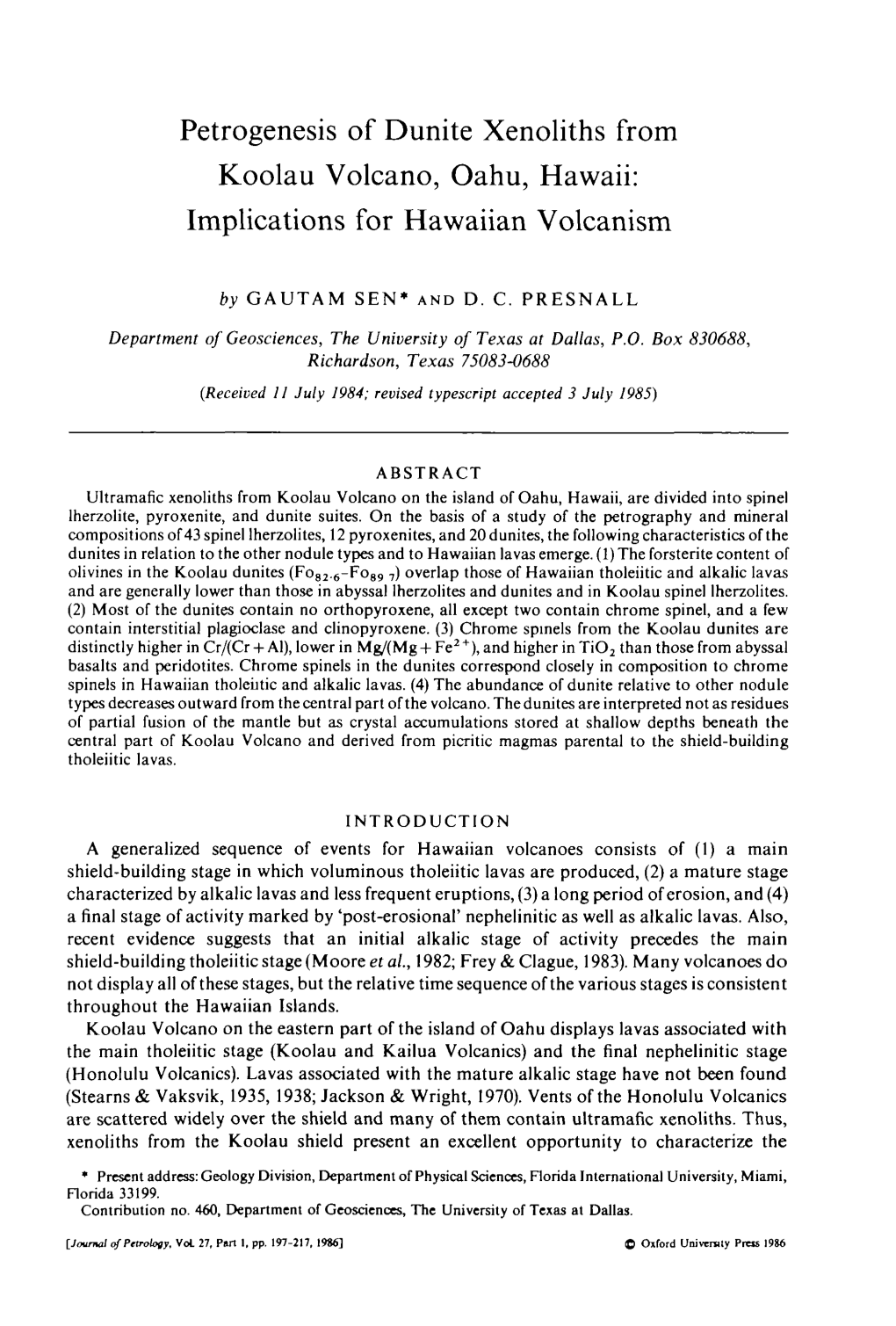 Petrogenesis of Dunite Xenoliths from Koolau Volcano, Oahu, Hawaii: Implications for Hawaiian Volcanism