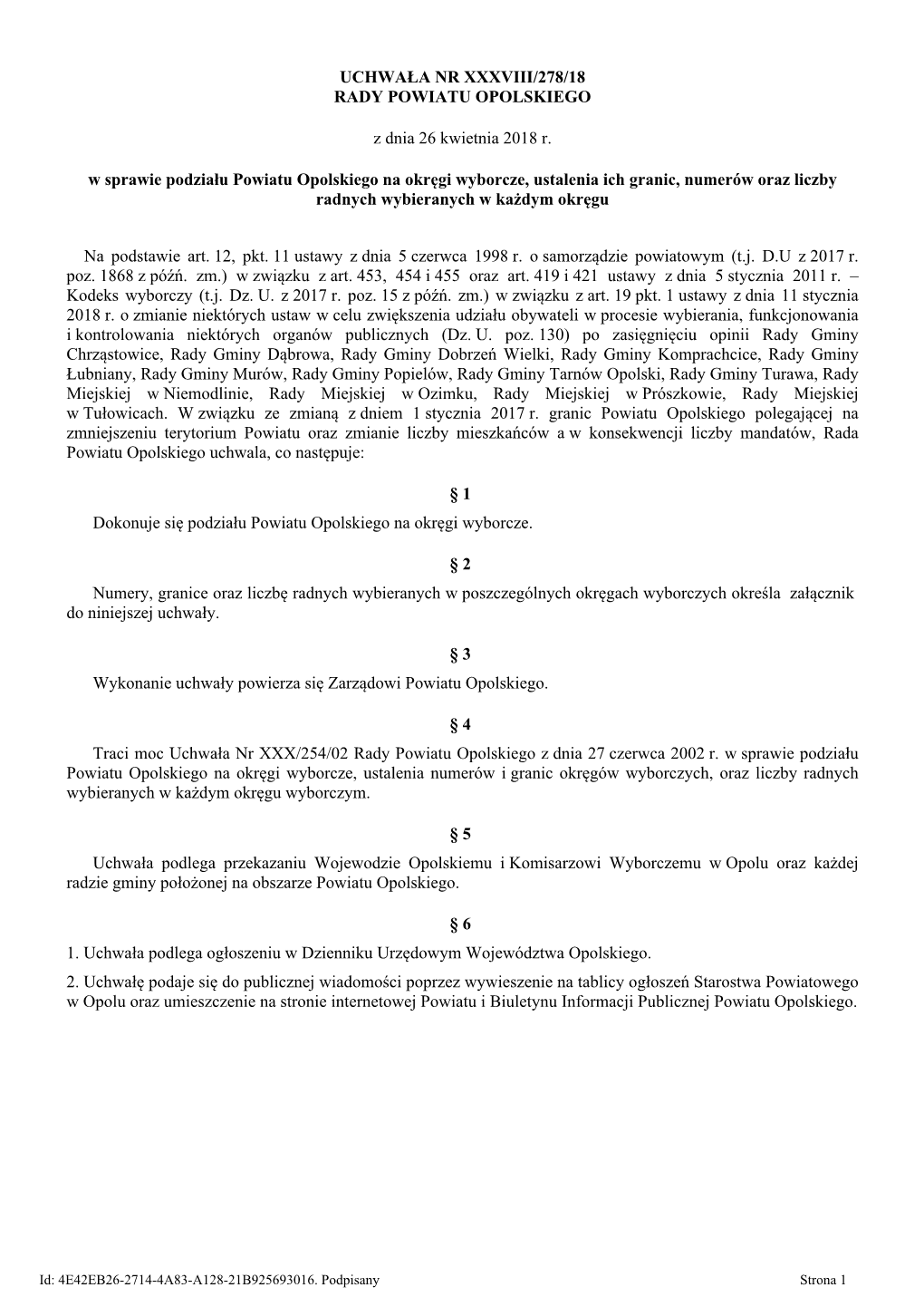 Uchwala Nr XXXVIII/278/18 Z Dnia 26 Kwietnia 2018 R