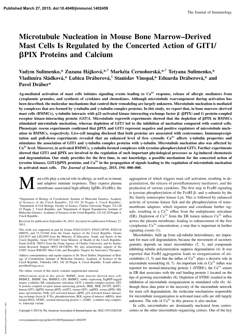 And Calcium PIX Proteins Β the Concerted Action of GIT1/ Derived Mast Cells Is Regulated by − Marrow Microtubule Nucleation I