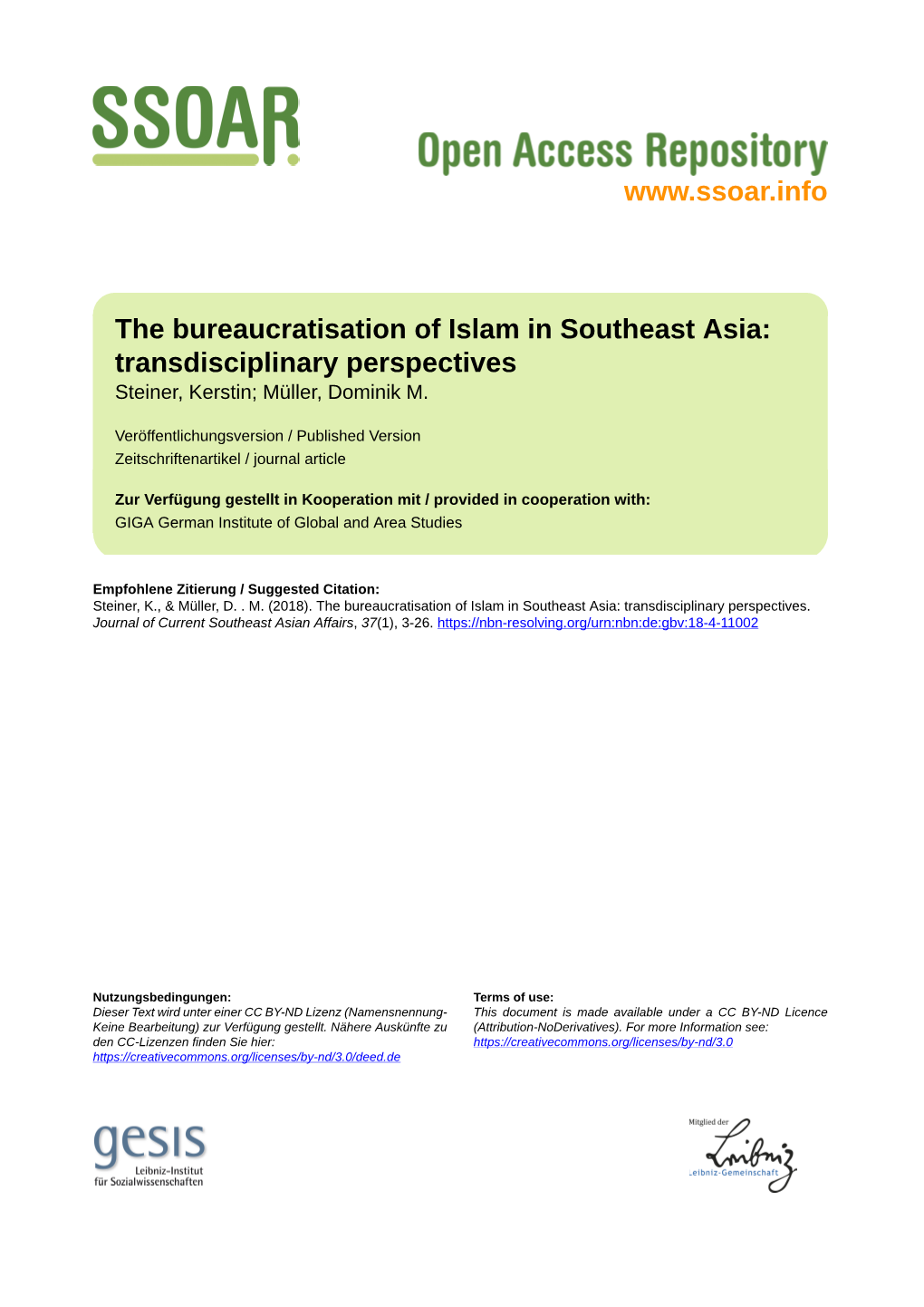 The Bureaucratisation of Islam in Southeast Asia: Transdisciplinary Perspectives Steiner, Kerstin; Müller, Dominik M