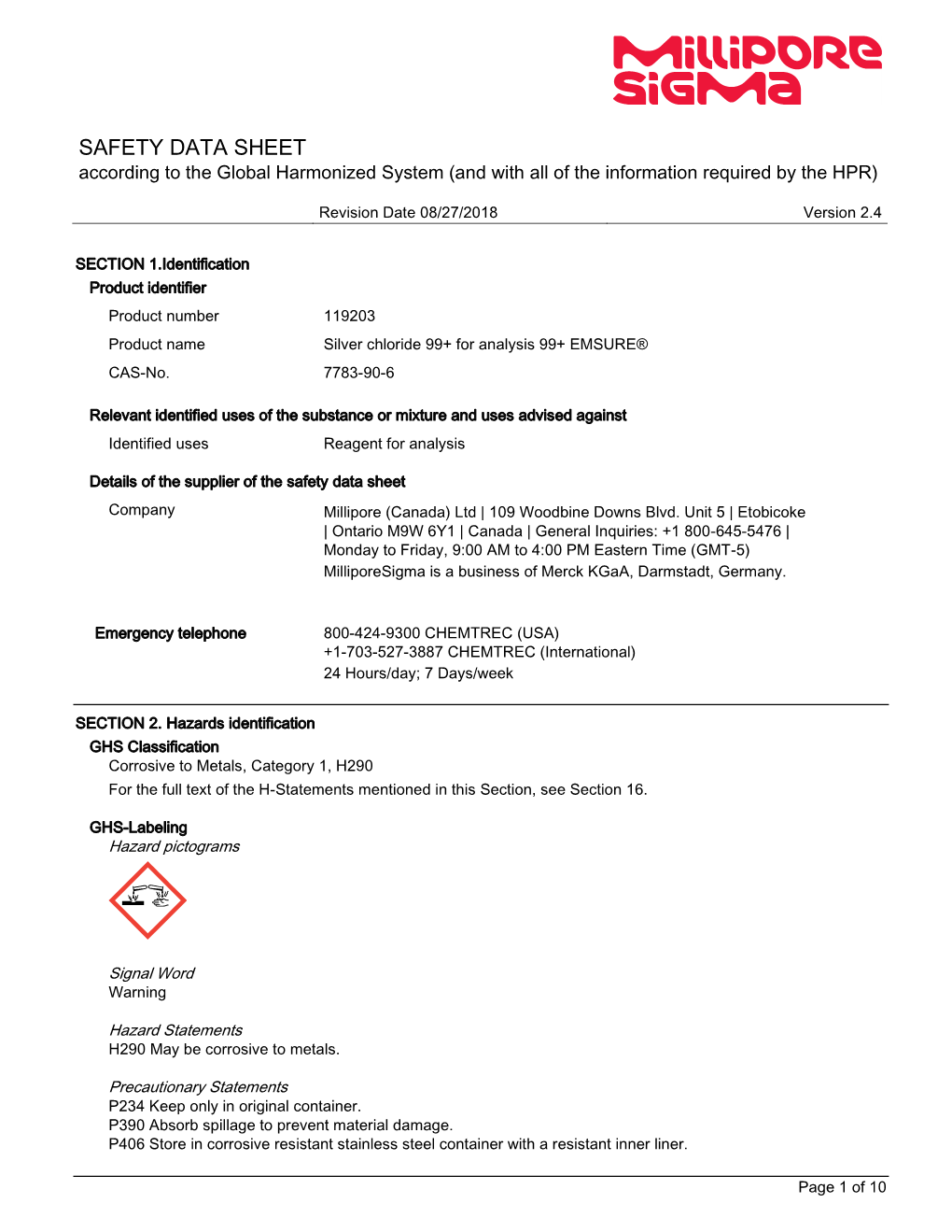 SAFETY DATA SHEET According to the Global Harmonized System (And with All of the Information Required by the HPR)