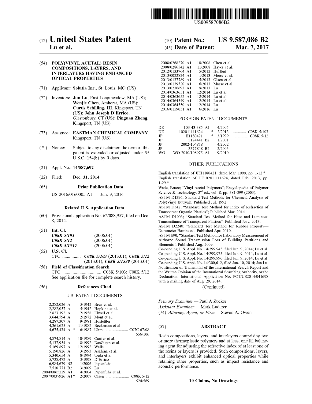 (12) United States Patent (10) Patent No.: US 9,587,086 B2 Lu Et Al