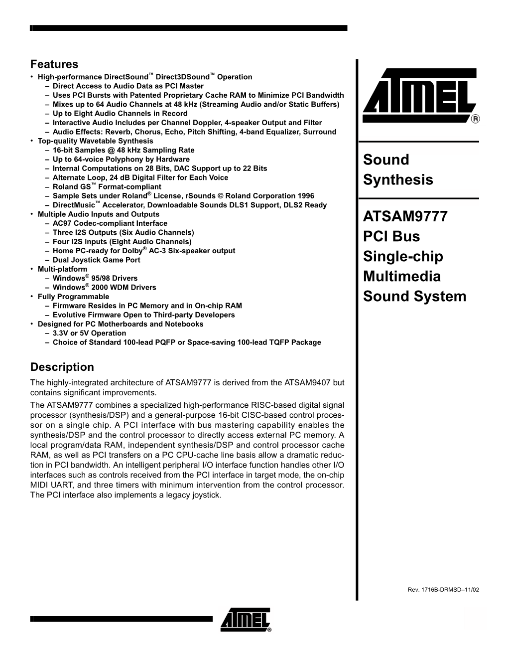 Sound Synthesis ATSAM9777 PCI Bus Single-Chip Multimedia