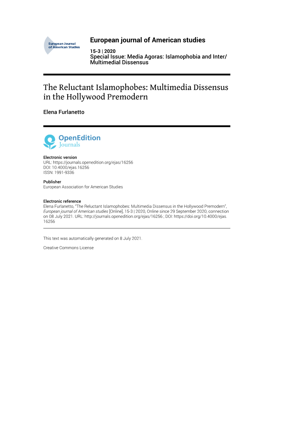 European Journal of American Studies, 15-3 | 2020 the Reluctant Islamophobes: Multimedia Dissensus in the Hollywood Premodern 2