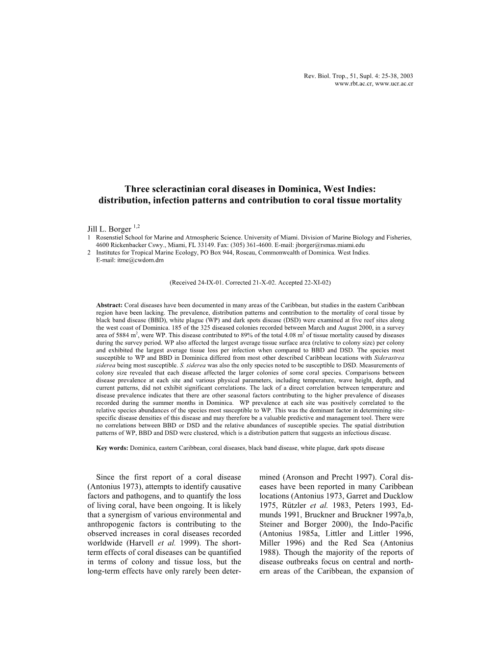 Three Scleractinian Coral Diseases in Dominica, West Indies: Distribution, Infection Patterns and Contribution to Coral Tissue Mortality