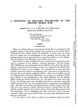 A CRITICISM of MILITARY PSYCHIATRY in the SECOND WORLD WAR by Captain H