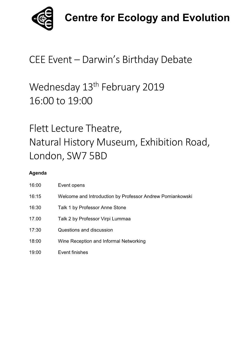 Darwin's Birthday Debate Wednesday 13Th February 2019 16:00 To