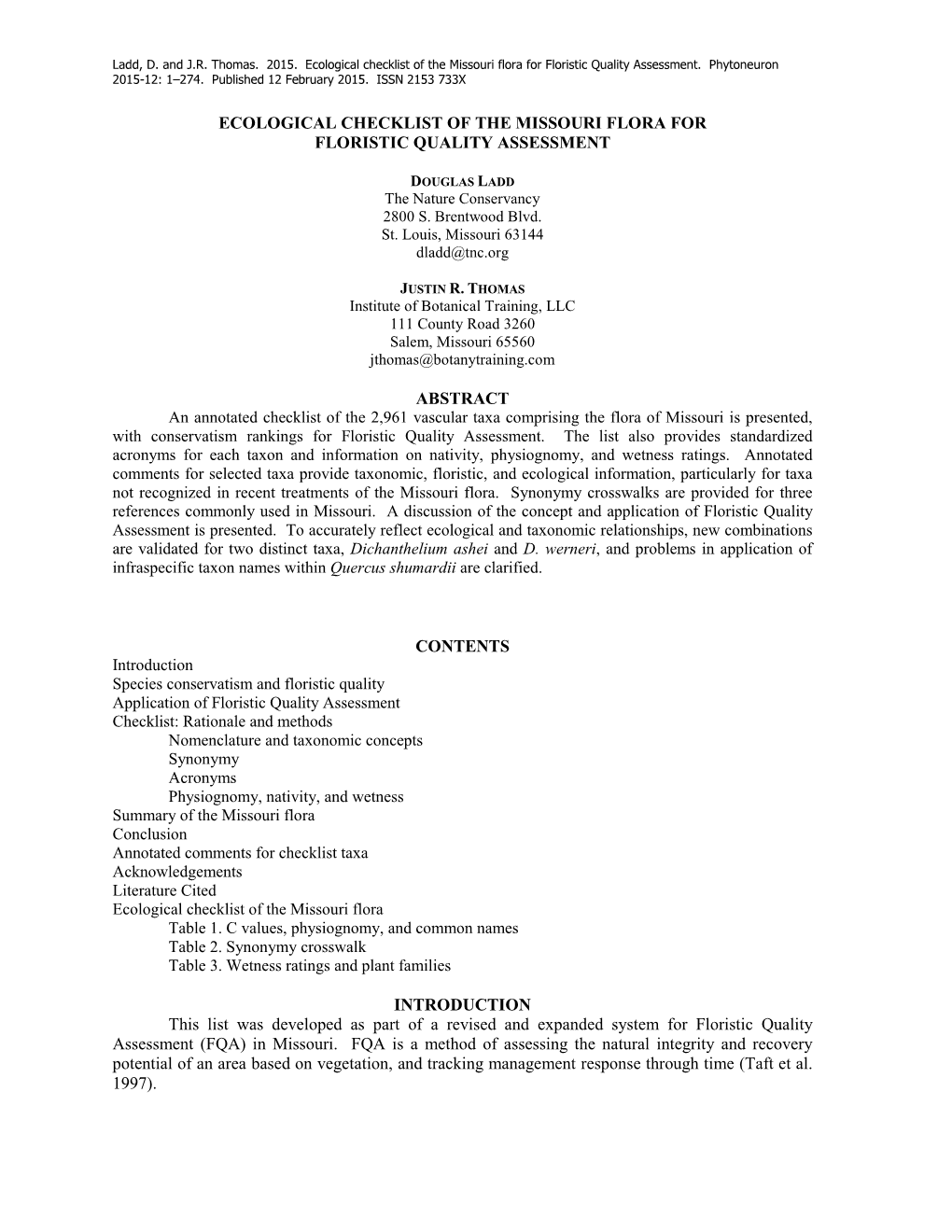 Ecological Checklist of the Missouri Flora for Floristic Quality Assessment