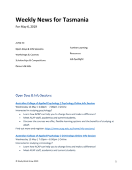 Weekly News for Tasmania for May 6, 2019