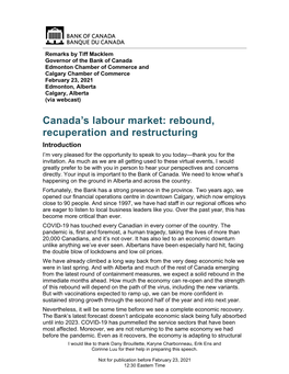 Canada's Labour Market: Rebound, Recuperation And