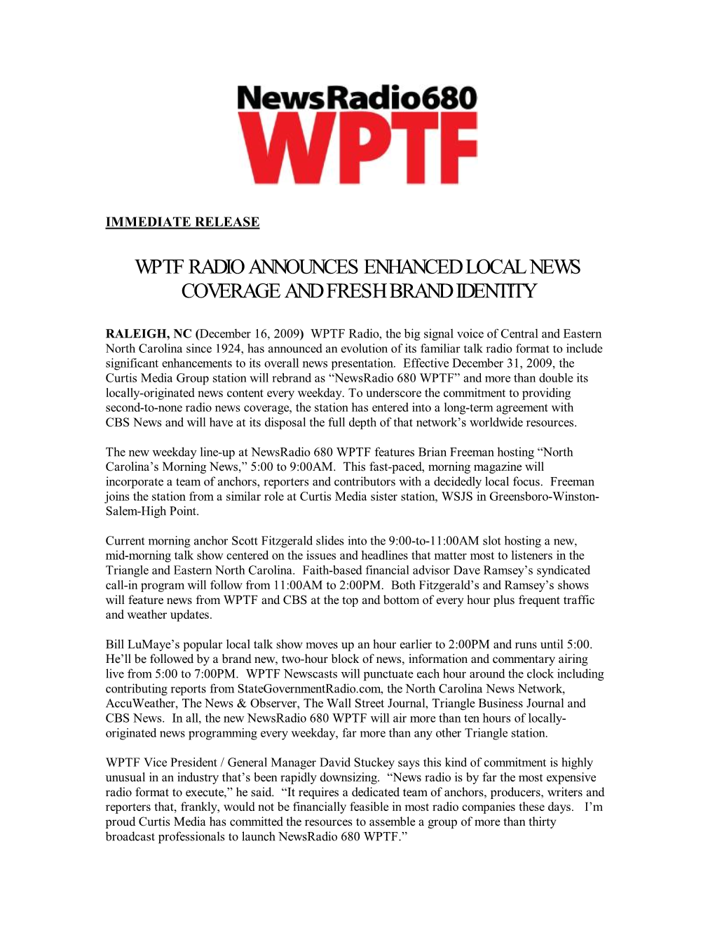 Wptf Radio Announces Enhanced Local News Coverage and Fresh Brand Identity