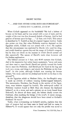 " ... and the Stone Sank Into His Forehead". a Note on 1 Samuel Xvii 49