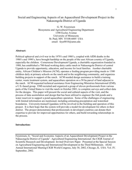 Social and Engineering Aspects of an Aquacultural Development Project in the Nakasongola District of Uganda