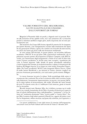 Valore Formativo Del Melodramma. Lectio Magistralis Di Congedo Dall’Università Di Torino1