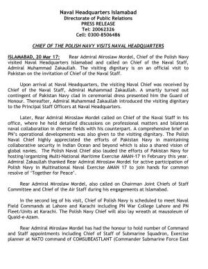 Naval Headquarters Islamabad Directorate of Public Relations PRESS RELEASE Tel: 20062326 Cell: 0300-8506486