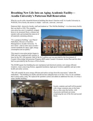 Breathing New Life Into an Aging Academic Facility— Acadia University’S Patterson Hall Renovation
