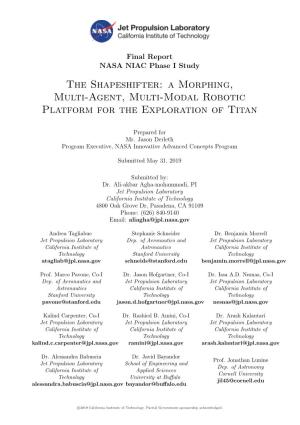 The Shapeshifter: a Morphing, Multi-Agent, Multi-Modal Robotic Platform for the Exploration of Titan