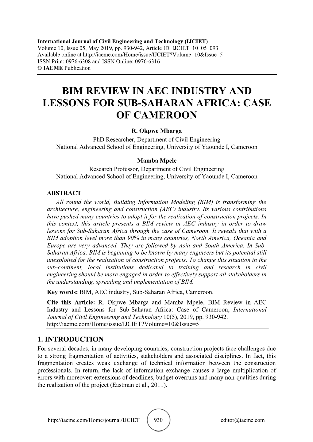 Bim Review in Aec Industry and Lessons for Sub-Saharan Africa: Case of Cameroon