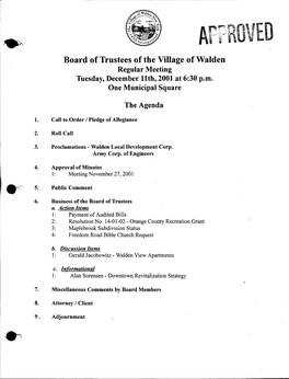 Board of Trustees of the Village of Walden Regular Meeting Tuesday, December Llth, 2001 at 6:30 P.M