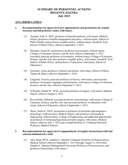 SUMMARY of PERSONNEL ACTIONS REGENTS AGENDA July 2013