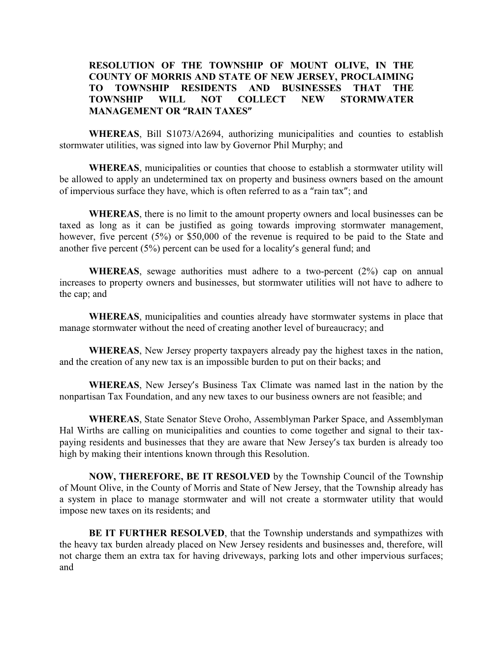 Resolution of the Township of Mount Olive, in The