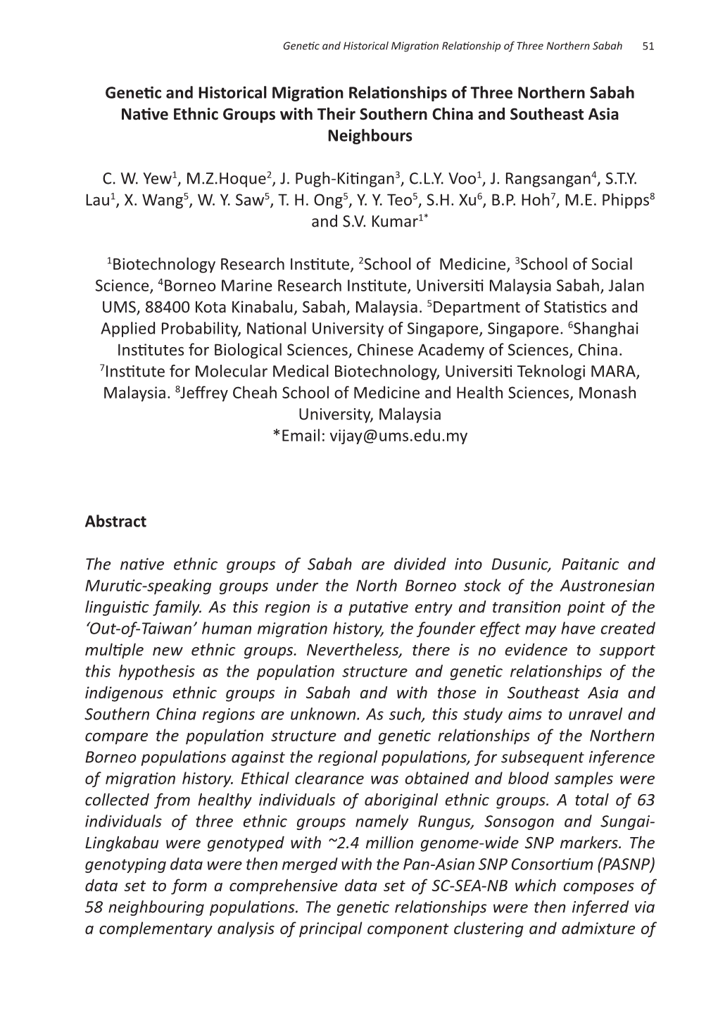 Genetic and Historical Migration Relationships of Three Northern Sabah Native Ethnic Groups with Their Southern China and Southeast Asia Neighbours