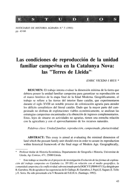 Las Condiciones De Reproducción De La Unidad Familiar Campesina En La Catalunya Nova: Las "Terres De Lleida" 1