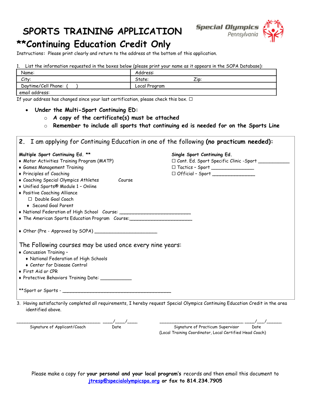 Application for Sports Training Certification