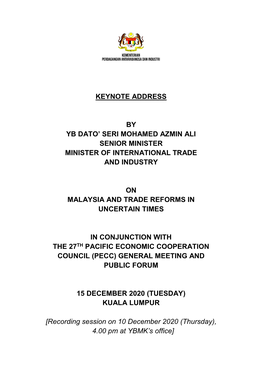 Keynote Address by Yb Dato' Seri Mohamed Azmin Ali