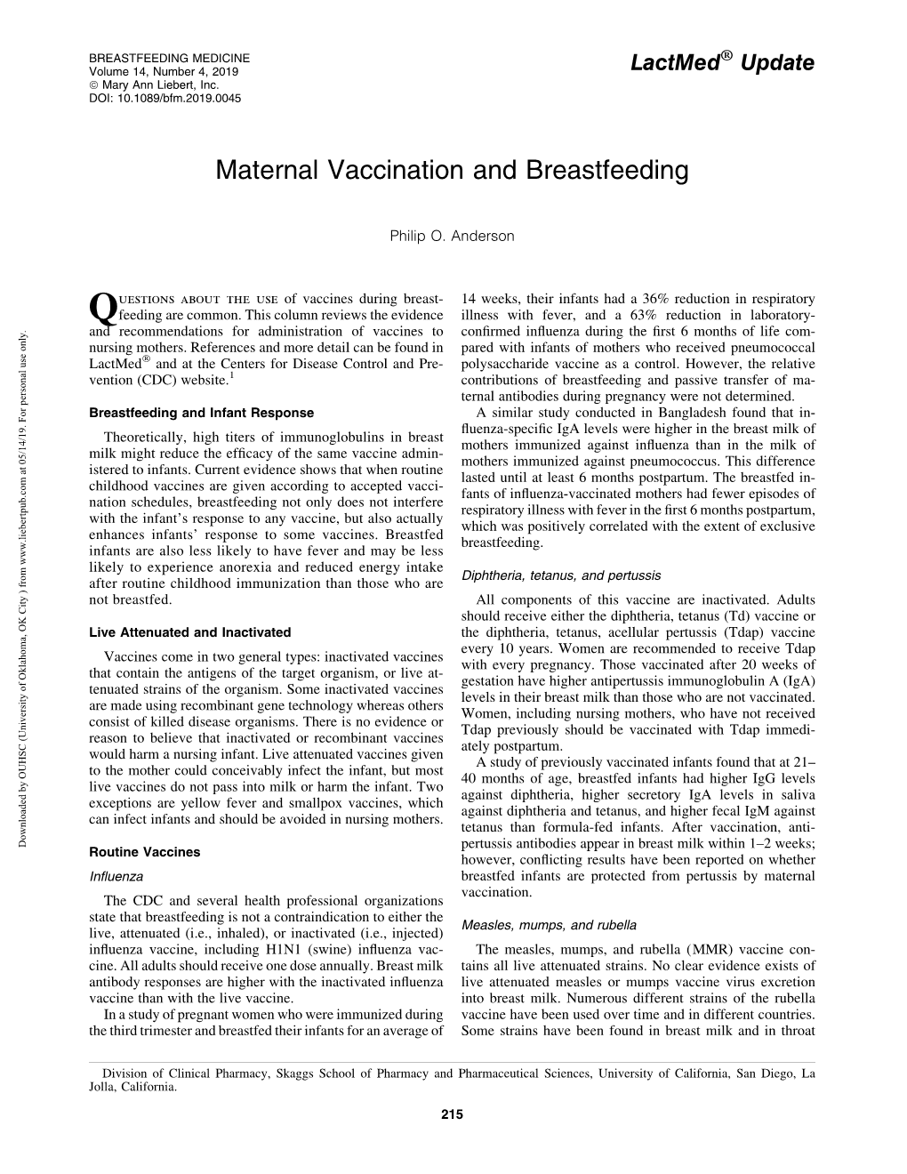 Maternal Vaccination and Breastfeeding