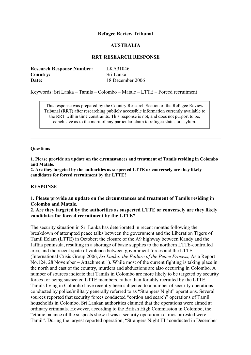 Sri Lanka Date: 18 December 2006
