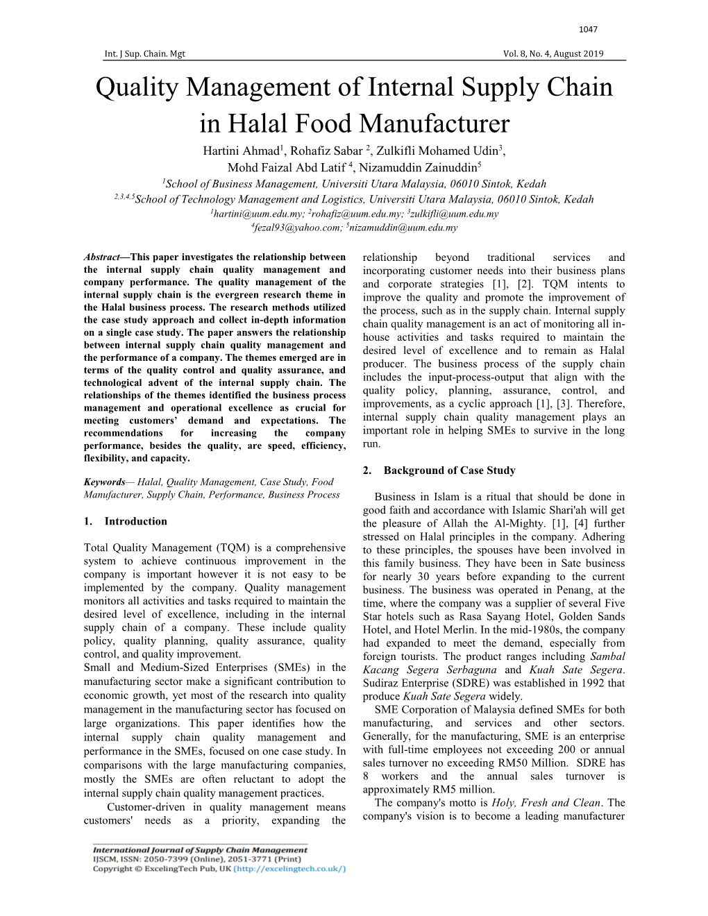 Quality Management of Internal Supply Chain in Halal Food