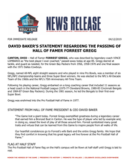 David Baker's Statement Regarding the Passing Of