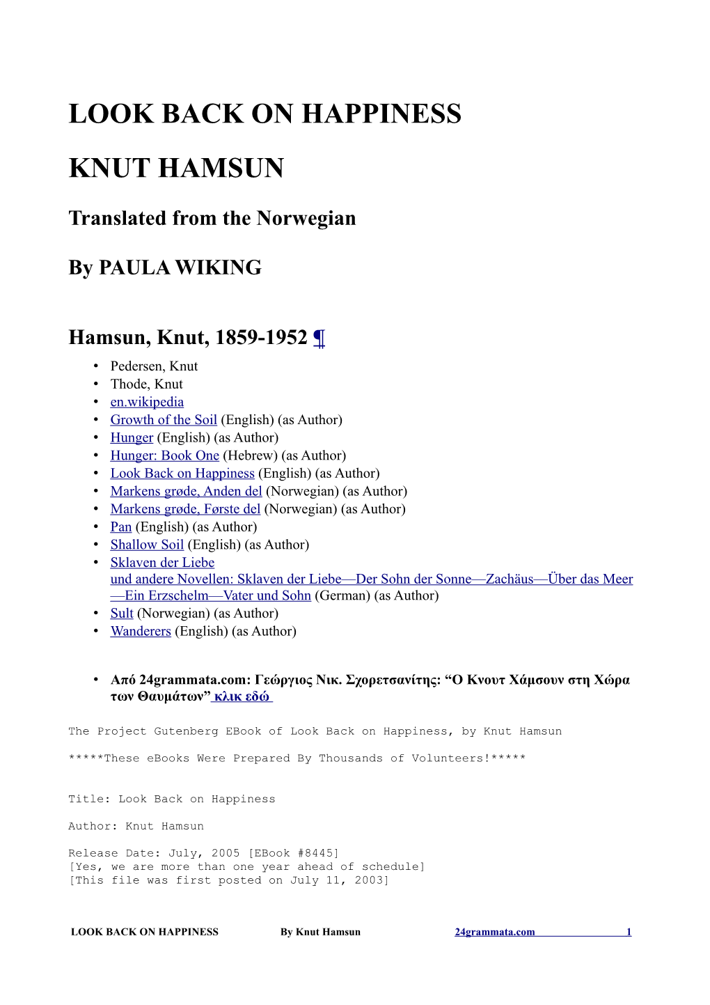 Look Back on Happiness Knut Hamsun