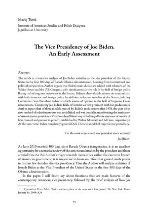 The Vice Presidency of Joe Biden. an Early Assessment