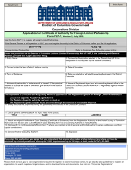 District of Columbia Government Corporations Division Application for Certificate of Authority for Foreign Limited Partnership Form FLP-1, Version 2, July 2010