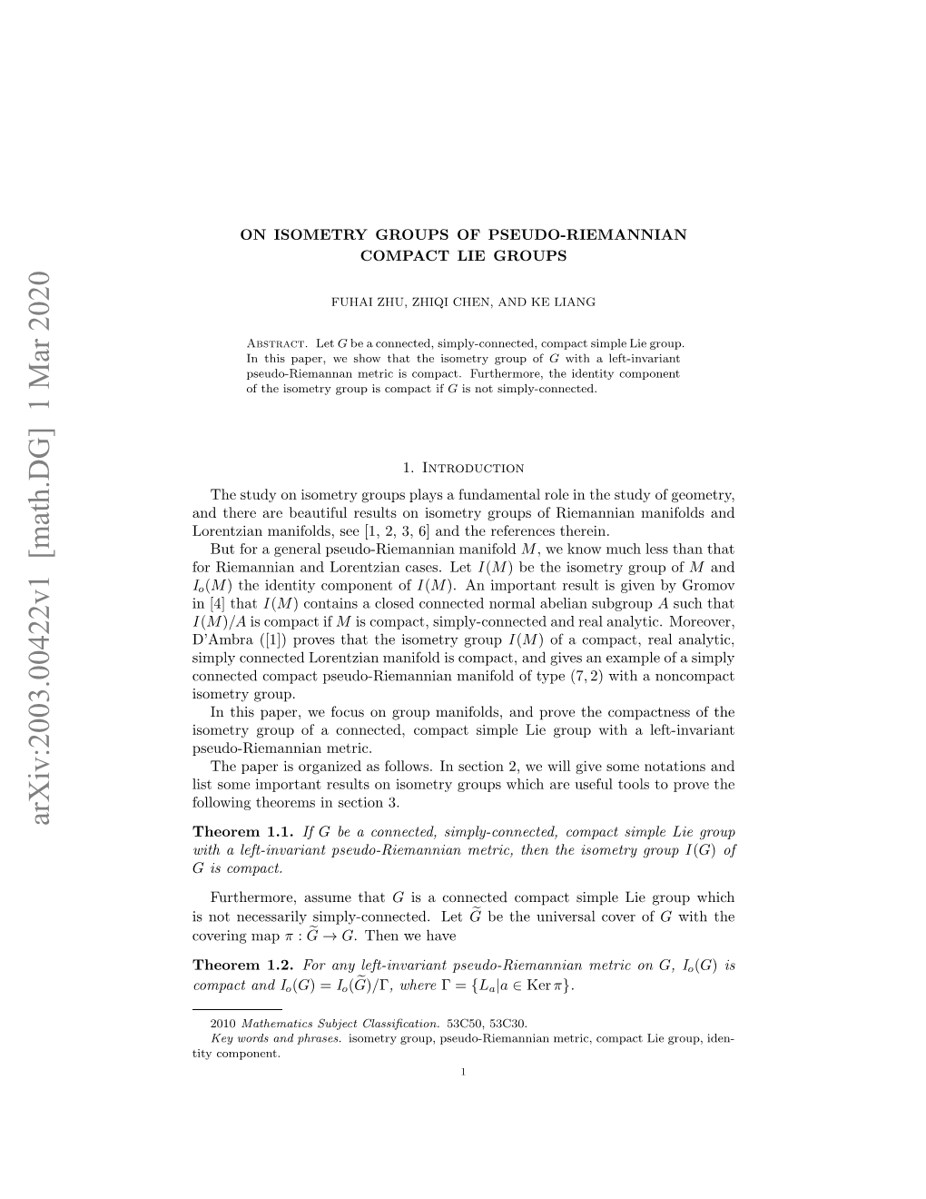 On Isometry Groups of Pseudo-Riemannian Compact Lie Groups 3