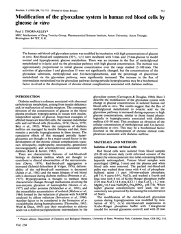 Modification of the Glyoxalase System in Human Red Blood Cellsby Glucose in Vitro