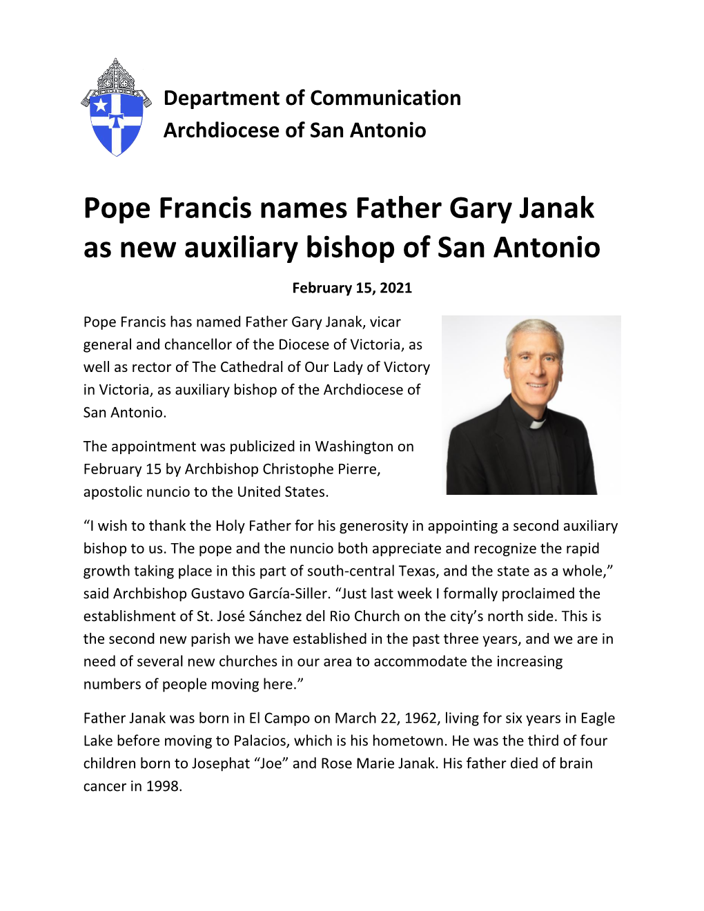 Pope Francis Names Father Gary Janak As New Auxiliary Bishop of San Antonio February 15, 2021