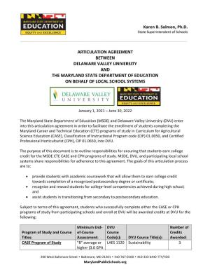 Delaware Valley University and the Maryland State Department of Education on Behalf of Local School Systems