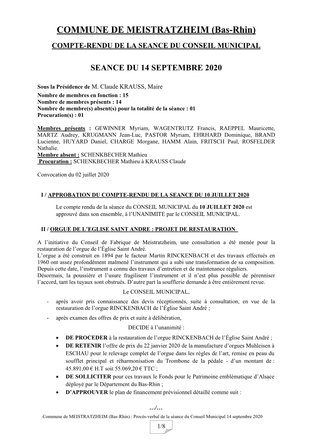 COMMUNE DE MEISTRATZHEIM (Bas-Rhin) COMPTE-RENDU DE LA SEANCE DU CONSEIL MUNICIPAL