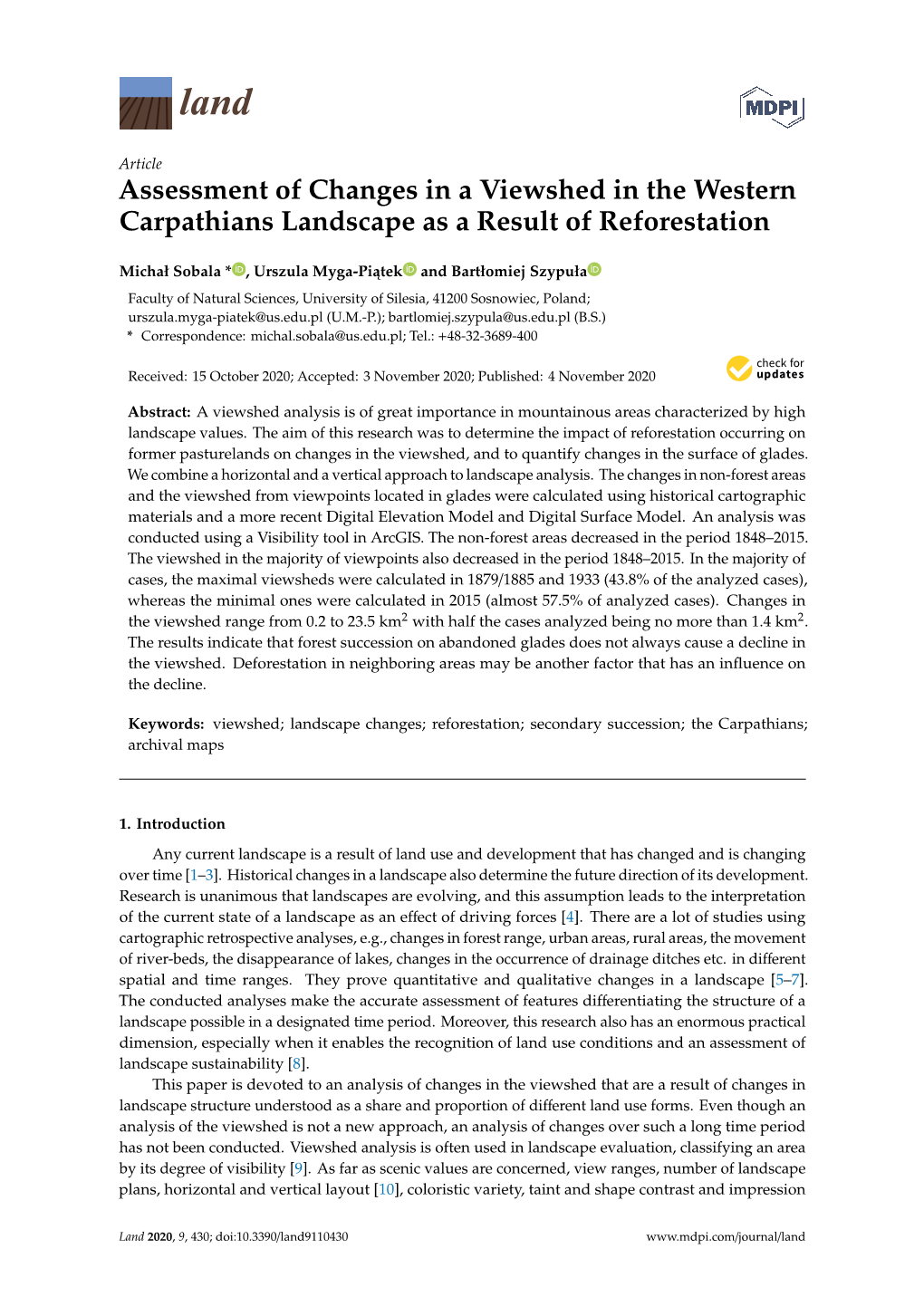 Assessment of Changes in a Viewshed in the Western Carpathians Landscape As a Result of Reforestation