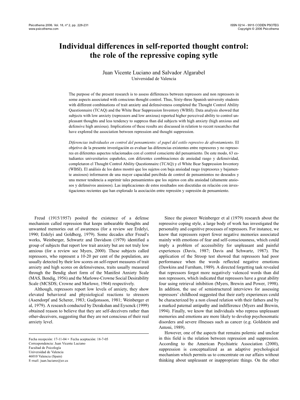 Individual Differences in Self-Reported Thought Control: the Role of the Repressive Coping Sytle