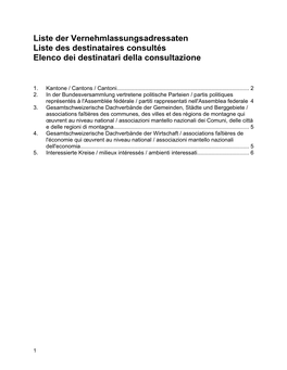 Liste Der Vernehmlassungsadressaten Liste Des Destinataires Consultés Elenco Dei Destinatari Della Consultazione