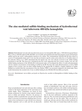 The Zinc-Mediated Sulfide-Binding Mechanism of Hydrothermal Vent Tubeworm 400-Kda Hemoglobin