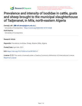 Prevalence and Intensity of Ixodidae in Cattle, Goats and Sheep Brought to the Municipal Slaughterhouse of Tadjenanet, in Mila, North-Eastern Algeria