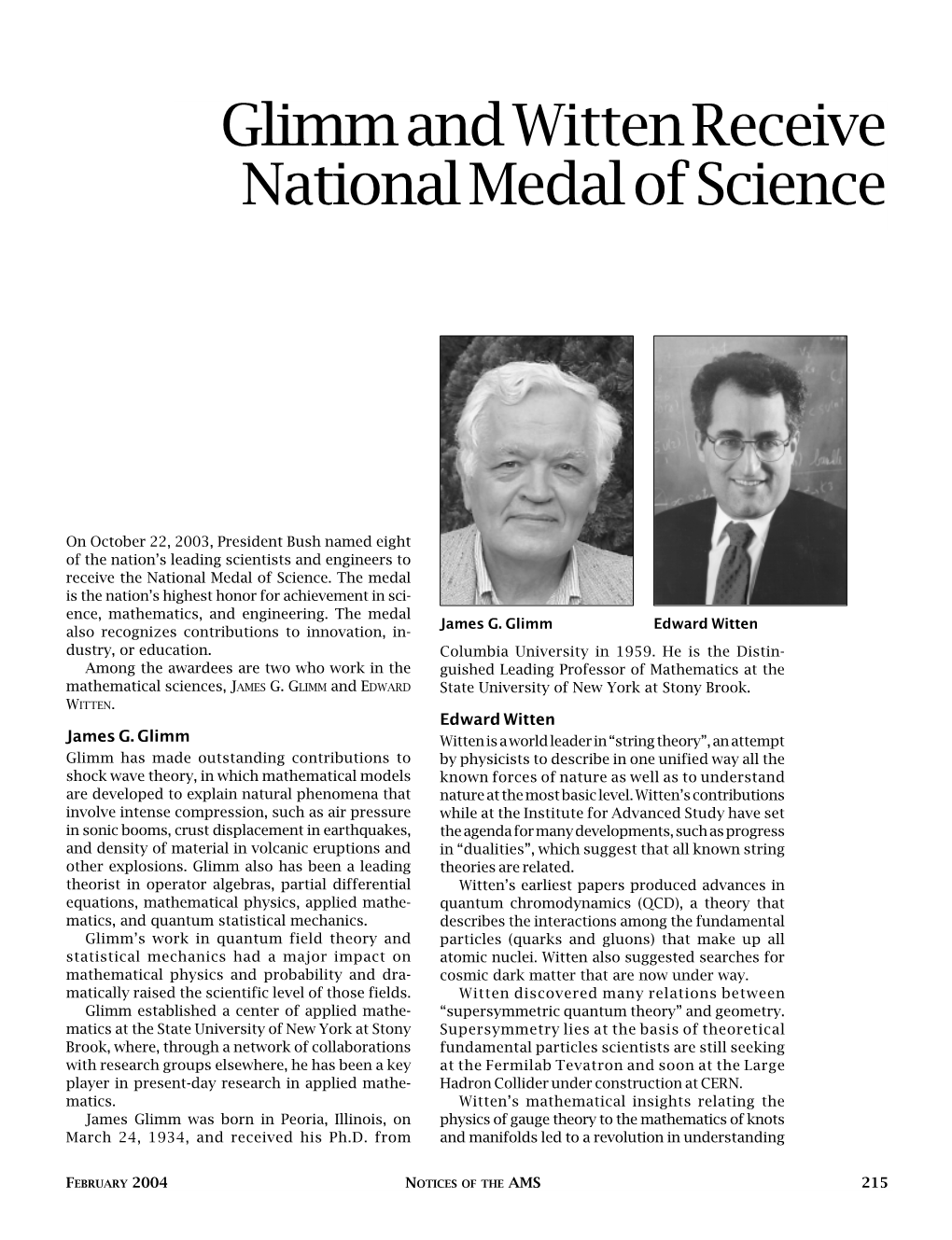 Glimm and Witten Receive National Medal of Science, Volume 51, Number 2